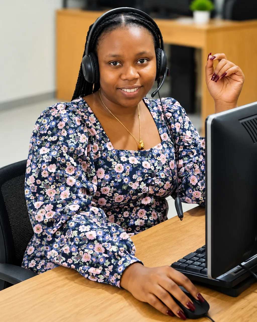Smiling Buzz INCC agent at her workstation
